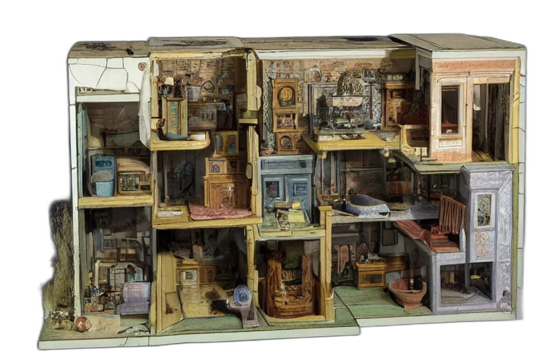furniture, concept art, 3d render, city street, dollhouse, cutaway, style, lovecraft transparent PNG cut-out