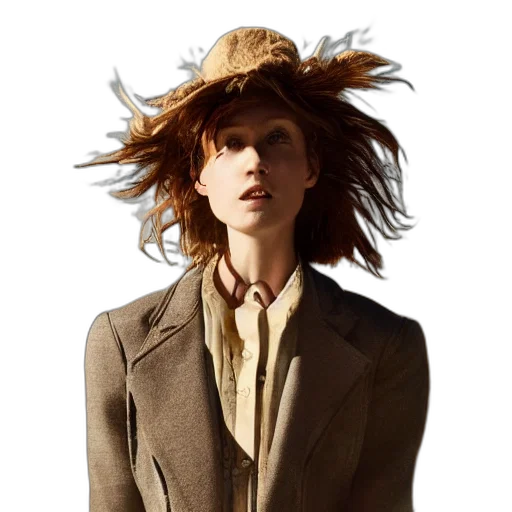 hat, jacket, hair, crown, photorealistic, concept art, earth tones, portrait transparent PNG cut-out