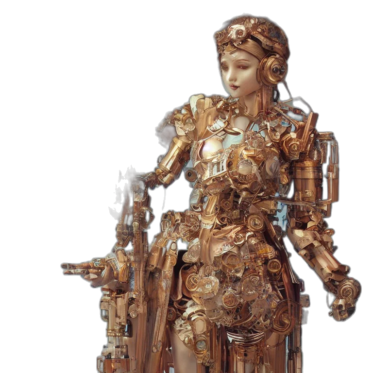 robot, weapon, jewelry, concept art, 3d render, cyberpunk, fantasy art, golden transparent PNG cut-out
