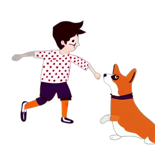 illustration, boy, playing, football, corgi, wearing, polkadot, scarf transparent PNG cut-out