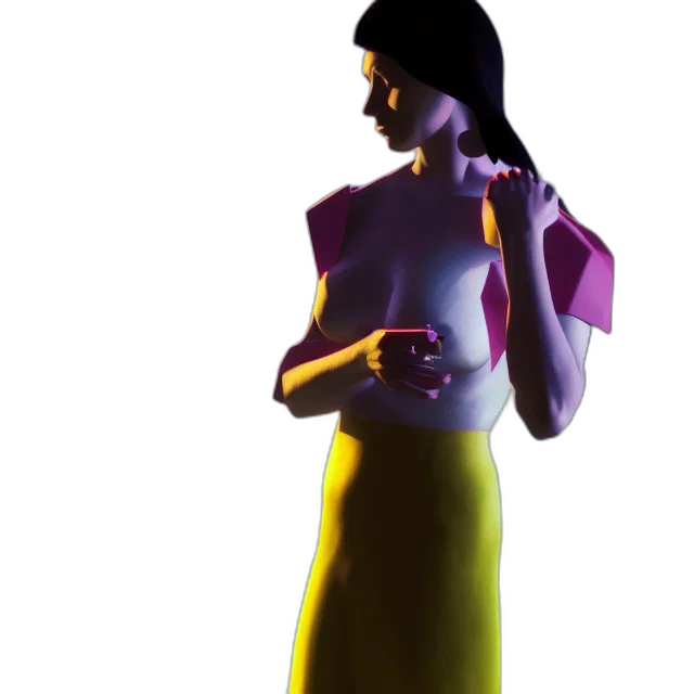 dress, jewelry, staff, robot, 3d render, concept art, vaporwave, photorealistic transparent PNG cut-out