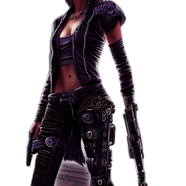 weapon, jacket, cyberpunk, concept art, fantasy art, comic book art, dark, beautiful transparent PNG cut-out