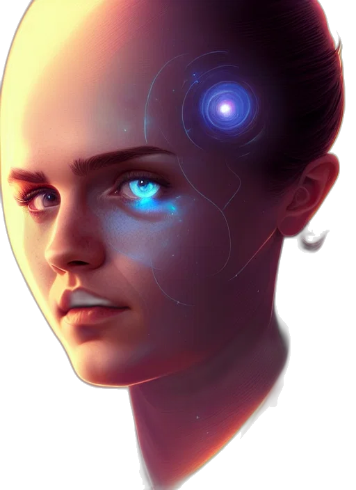 robot, face, cyberpunk, concept art, 3d render, photorealistic, neon lights, outer space transparent PNG cut-out