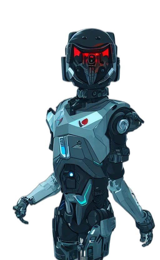 robot, staff, concept art, cyberpunk, 3d render, pixel art, blue, dark transparent PNG cut-out