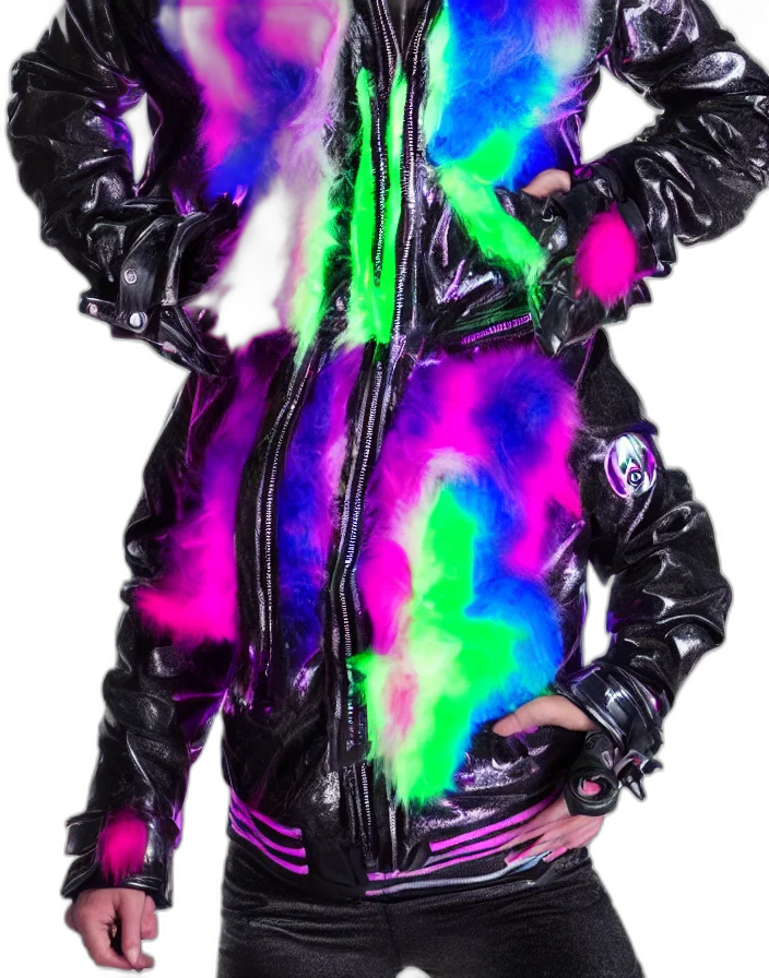 jacket, creature, hair, staff, cyberpunk, vaporwave, 3d render, concept art transparent PNG cut-out