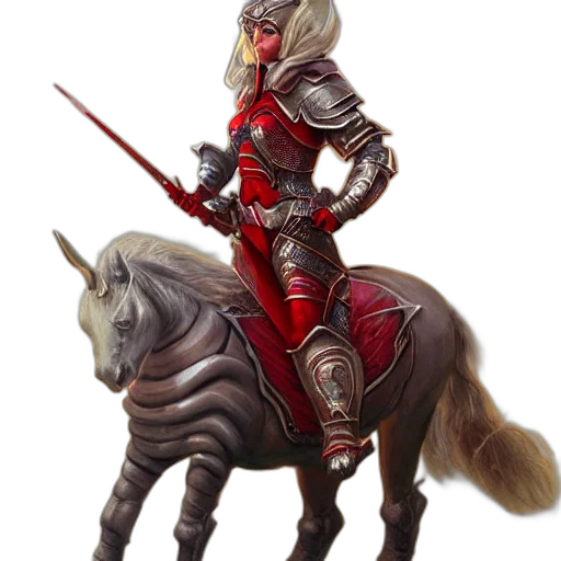 sword, fantasy art, concept art, 3d render, comic book art, red, girl, unicorn transparent PNG cut-out
