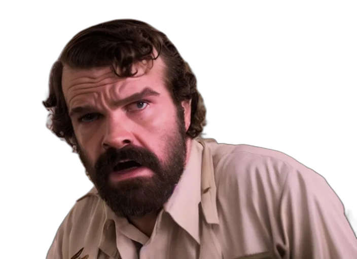 jacket, face, hair, staff, film, still, jim, hopper transparent PNG cut-out