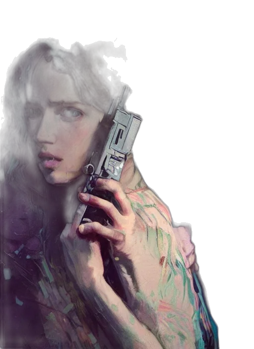 weapon, jacket, face, robot, cyberpunk, concept art, photorealistic, watercolor transparent PNG cut-out
