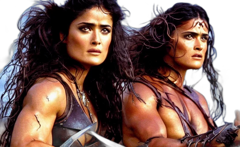 epic, photo, muscular, salma, hayek, beautiful, barbarian, warrior transparent PNG cut-out