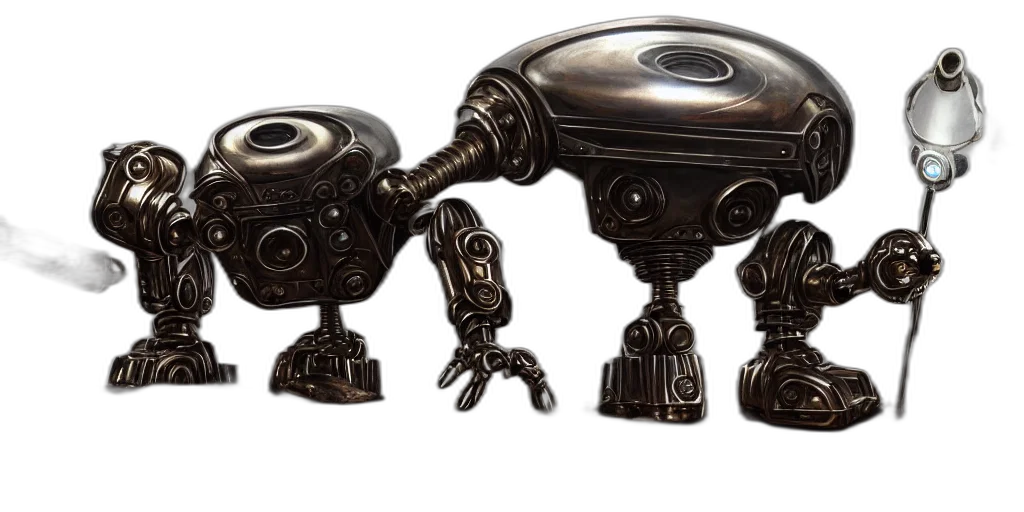 robot, concept art, 3d render, tarnished transparent PNG cut-out