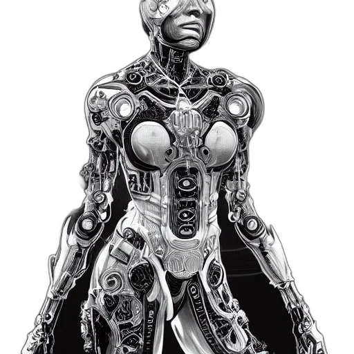 robot, jewelry, dress, comic book art, concept art, cyberpunk, fantasy art, vibrant transparent PNG cut-out