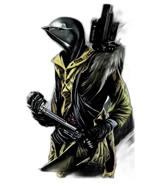 jacket, staff, mask, weapon, concept art, comic book art, fantasy art, cyberpunk transparent PNG cut-out