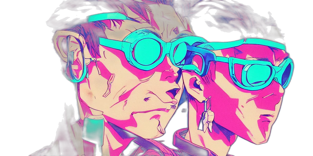 mask, jacket, face, vaporwave, cyberpunk, anime, cartoon, neon lights transparent PNG cut-out