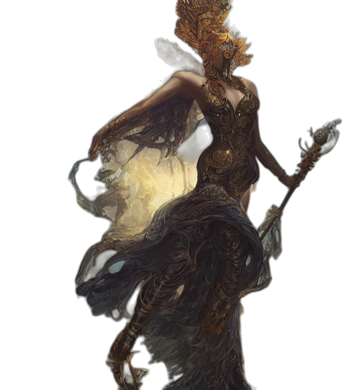dress, staff, creature, mask transparent PNG cut-out