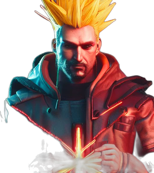jacket, staff, weapon, face, concept art, cyberpunk, 3d render, comic book art transparent PNG cut-out