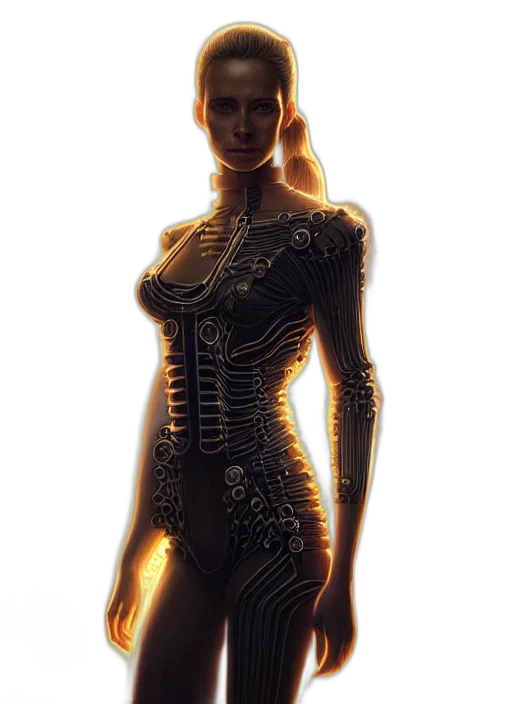 dress, robot, jewelry, concept art, comic book art, 3d render, fantasy art, golden transparent PNG cut-out