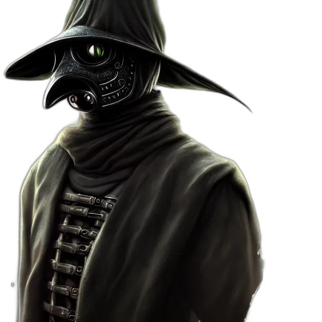 mask, staff, hat, face, concept art, fantasy art, comic book art, photorealistic transparent PNG cut-out