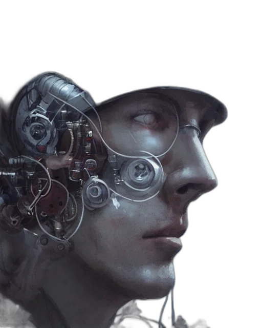 robot, face, mask, cyberpunk, concept art, photorealistic, 3d render, half transparent PNG cut-out