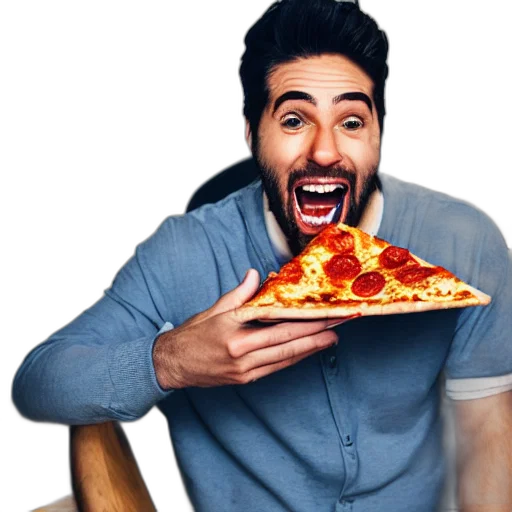 food, face, animal, photorealistic, happy, man, eating, pizza transparent PNG cut-out