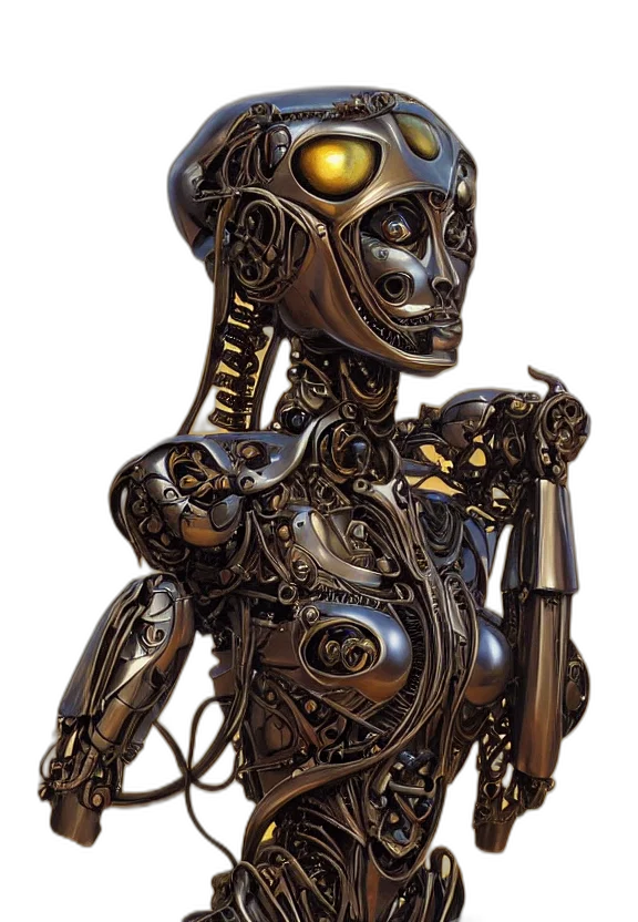 robot, jewelry, dress, cyberpunk, concept art, 3d render, comic book art, perfectly transparent PNG cut-out