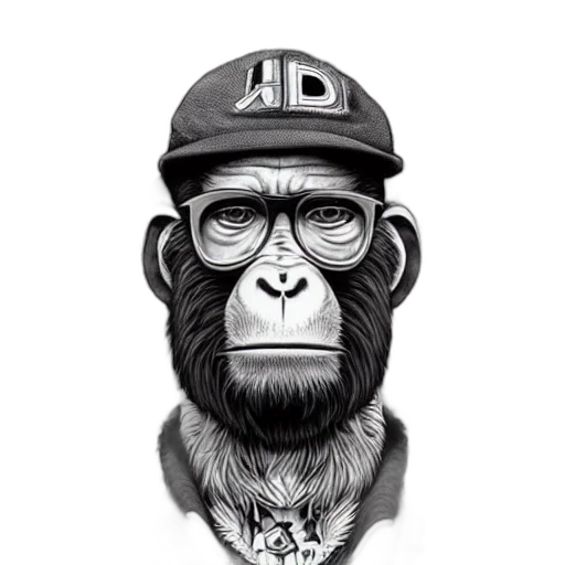 animal, face, photorealistic, cartoon, pencil sketch, comic book art, junkie, ape transparent PNG cut-out