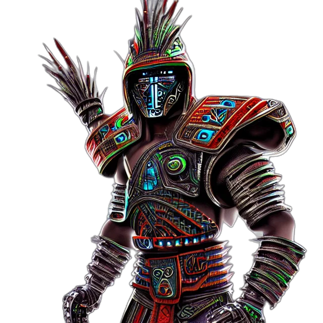 robot, staff, mask, jewelry, concept art, 3d render, fantasy art, cyberpunk transparent PNG cut-out