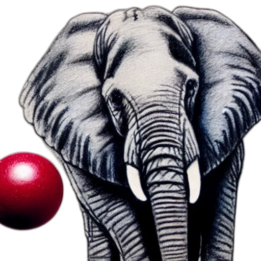 animal, photorealistic, concept art, crayon, drawing, elephant, holding, ball transparent PNG cut-out