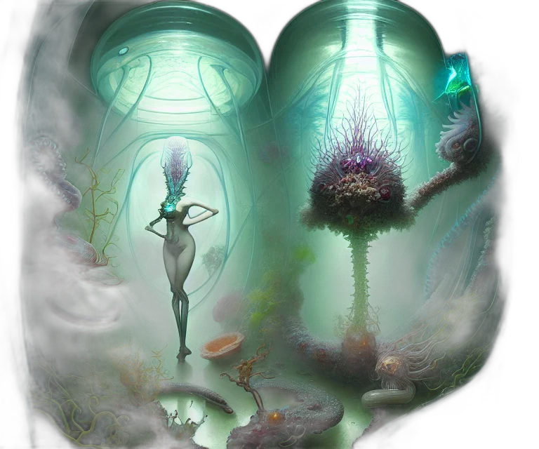 concept art, fantasy art, 3d render, photorealistic, fog, outer space, underwater, green transparent PNG cut-out