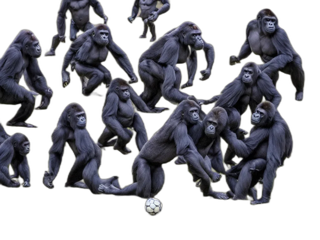 animal, concept art, 3d render, gorillas, playing, soccer, game, vivid transparent PNG cut-out