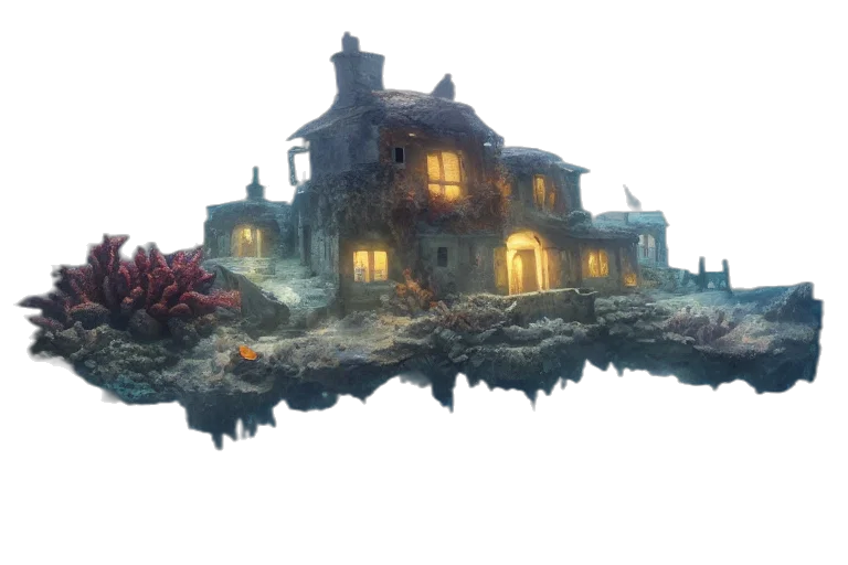 building, concept art, fantasy art, 3d render, pixel art, underwater, fog, night transparent PNG cut-out