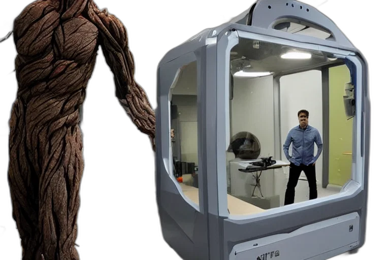 robot, creature, 3d render, concept art, outer space, giant, printer, groot transparent PNG cut-out