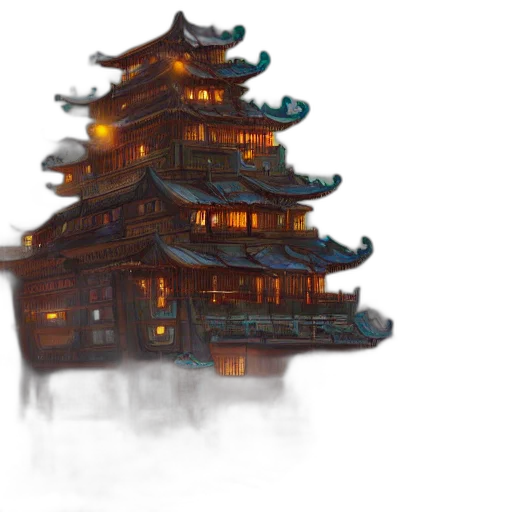 building, dragon, concept art, fantasy art, 3d render, pixel art, fog, night transparent PNG cut-out
