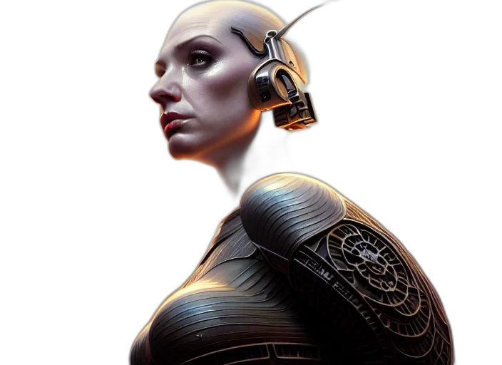 robot, face, concept art, cyberpunk, fantasy art, 3d render, symmetrical, upper transparent PNG cut-out