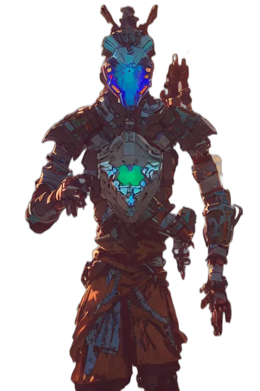 robot, mask, creature, weapon, concept art, pixel art, fantasy art, 3d render transparent PNG cut-out