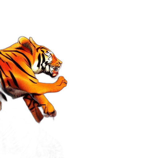 animal, 3d render, concept art, photorealistic, pixel art, tiger, fire, flying transparent PNG cut-out