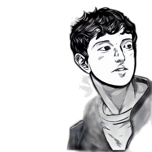 face, jacket, cartoon, concept art, photorealistic, comic book art, monochrome, young transparent PNG cut-out