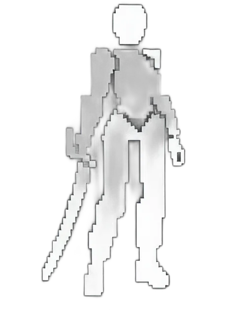 robot, staff, weapon, sword, pixel art, 3d render, concept art, vaporwave transparent PNG cut-out