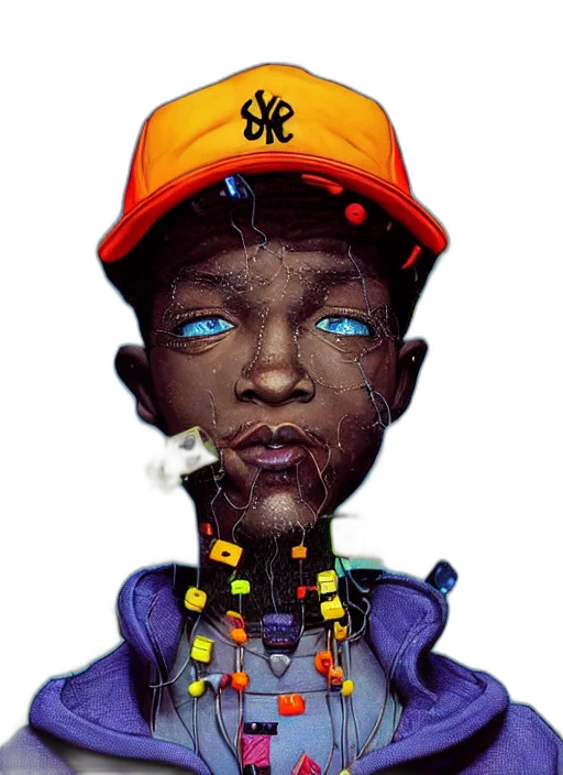 face, robot, concept art, comic book art, fantasy art, cyberpunk, colorful, colourful transparent PNG cut-out