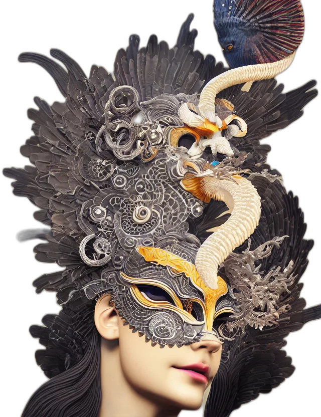 mask, dragon, face, hat, fantasy art, photorealistic, concept art, 3d render transparent PNG cut-out