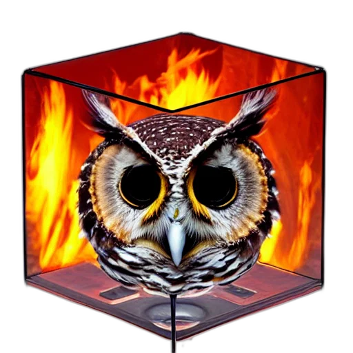 mask, 3d render, photorealistic, fantasy art, pixel art, fire, owl, shape transparent PNG cut-out