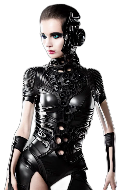 robot, dress, jewelry, cyberpunk, 3d render, concept art, fantasy art, monochrome transparent PNG cut-out