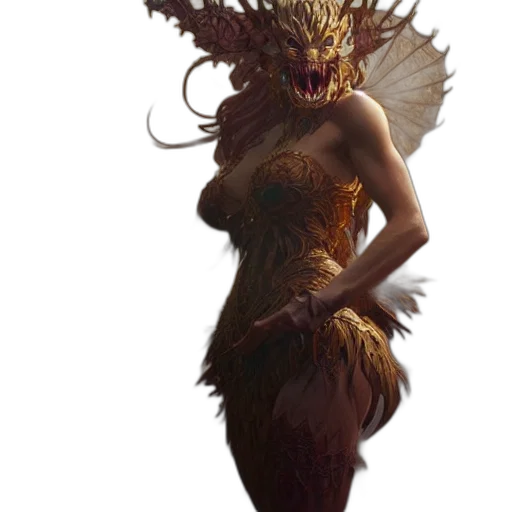 creature, dragon, mask, dress, concept art, fantasy art, pixel art, photorealistic transparent PNG cut-out