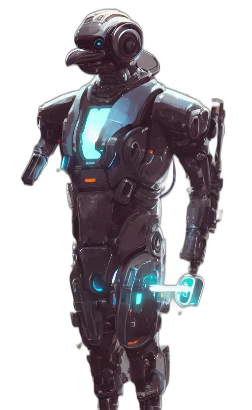 robot, weapon, concept art, cyberpunk, comic book art, 3d render, blue, dark transparent PNG cut-out