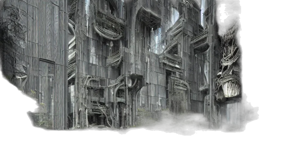 building, robot, concept art, fantasy art, comic book art, 3d render, fog, snow transparent PNG cut-out