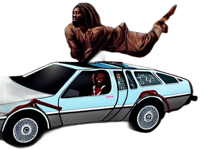car, concept art, african, jesus, driving, flying, delorean, air transparent PNG cut-out