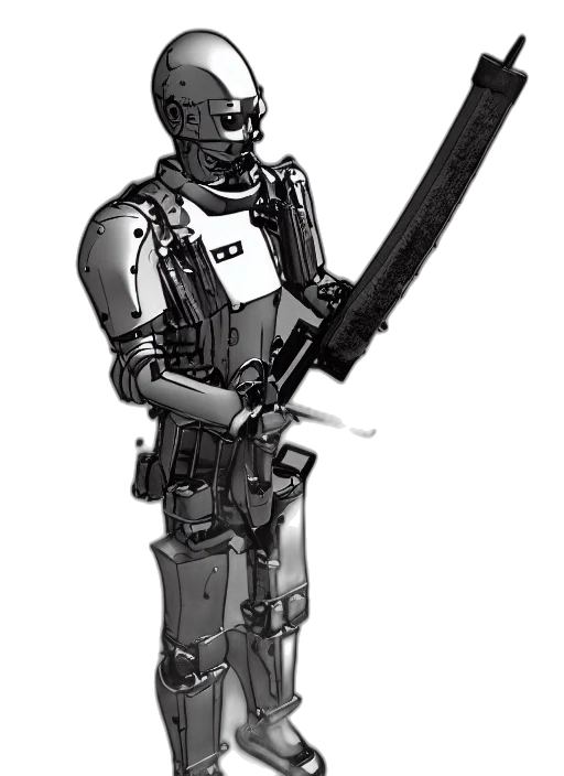 robot, weapon, staff, concept art, cyberpunk, 3d render, comic book art, combat transparent PNG cut-out