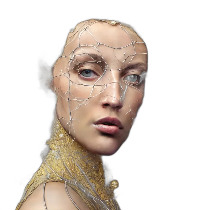 robot, face, mask, jewelry, cyberpunk, photorealistic, concept art, 3d render transparent PNG cut-out