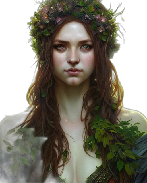 crown, face, dress, fantasy art, photorealistic, oil painting, concept art, forest transparent PNG cut-out