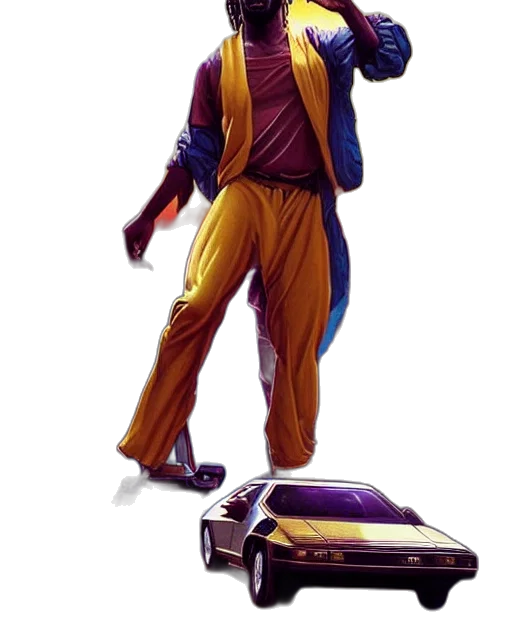 robot, car, jacket, staff, concept art, comic book art, cyberpunk, 3d render transparent PNG cut-out
