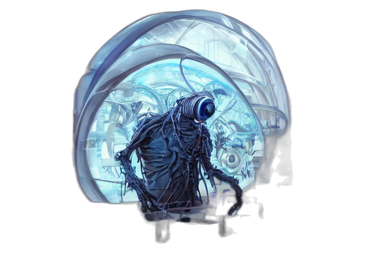 mask, creature, robot, bottle, concept art, cyberpunk, fantasy art, comic book art transparent PNG cut-out